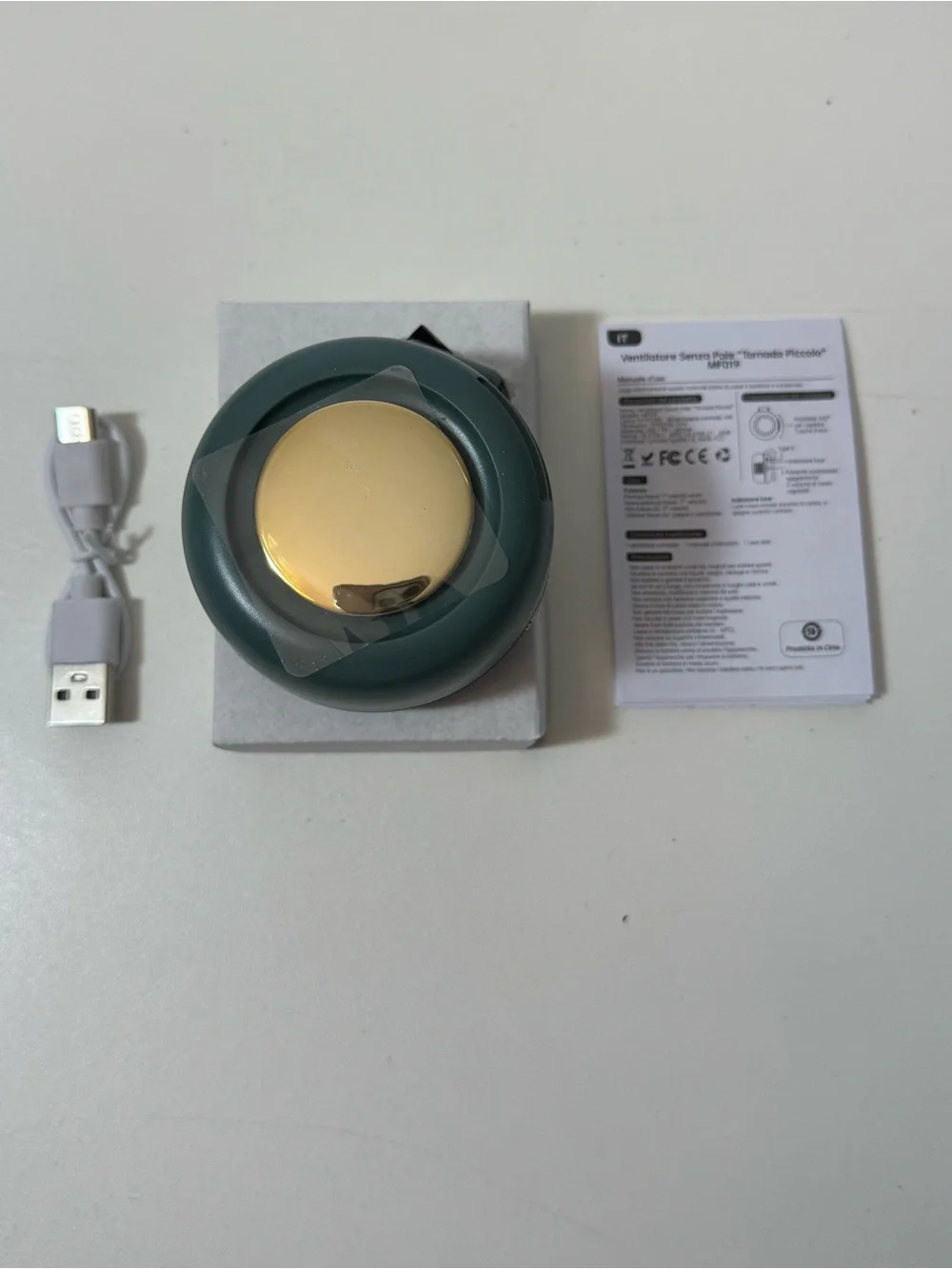 Portable Green and Gold Wearable Fan - USB Rechargeable